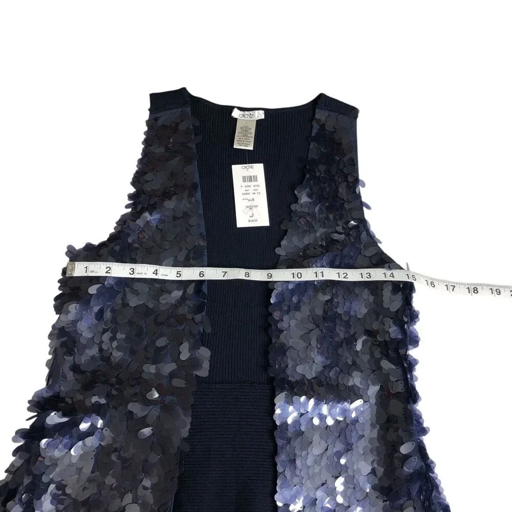 Cache Cardigan Vest Womens S Blue Sequined Sleeveless Open Ribbed Career Chic - Picture 12 of 12